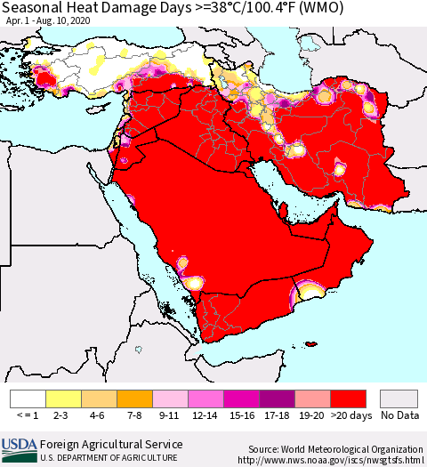 Middle East and Turkey Seasonal Heat Damage Days >=38°C/100°F (WMO) Thematic Map For 4/1/2020 - 8/10/2020