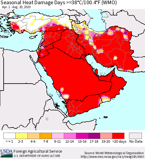 Middle East and Turkey Seasonal Heat Damage Days >=38°C/100°F (WMO) Thematic Map For 4/1/2020 - 8/20/2020