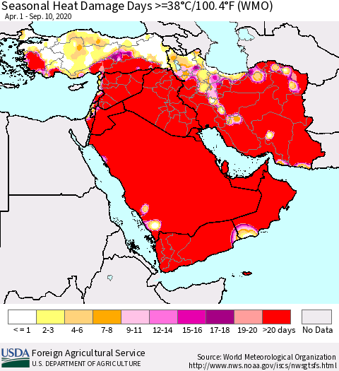 Middle East and Turkey Seasonal Heat Damage Days >=38°C/100°F (WMO) Thematic Map For 4/1/2020 - 9/10/2020