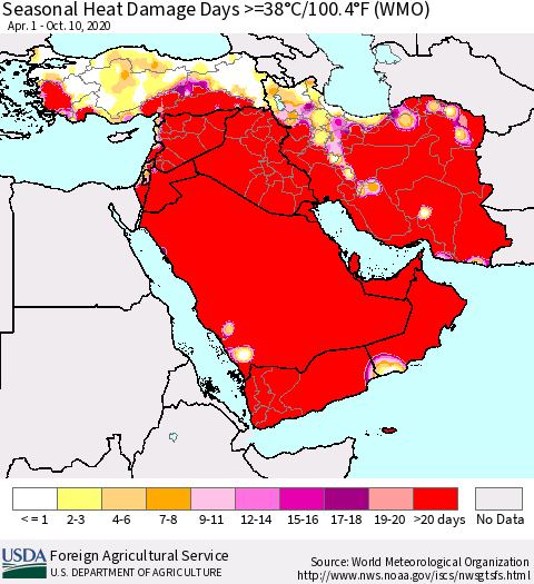 Middle East and Turkey Seasonal Heat Damage Days >=38°C/100°F (WMO) Thematic Map For 4/1/2020 - 10/10/2020