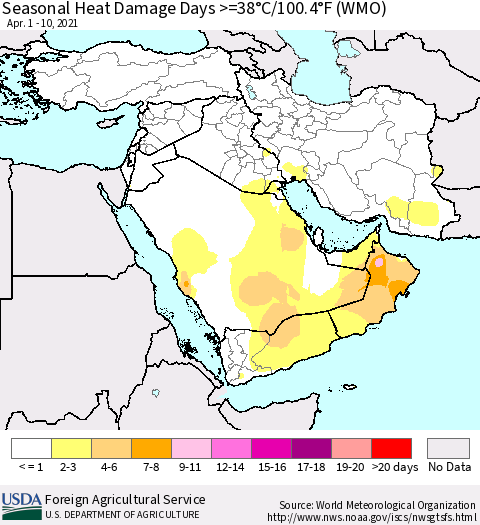 Middle East and Turkey Seasonal Heat Damage Days >=38°C/100°F (WMO) Thematic Map For 4/1/2021 - 4/10/2021