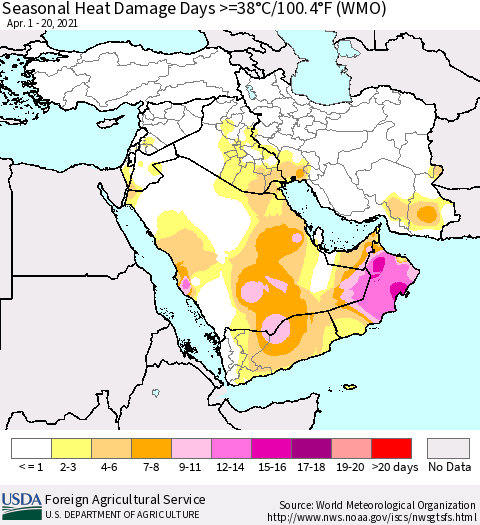 Middle East and Turkey Seasonal Heat Damage Days >=38°C/100°F (WMO) Thematic Map For 4/1/2021 - 4/20/2021