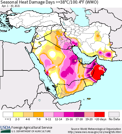 Middle East and Turkey Seasonal Heat Damage Days >=38°C/100°F (WMO) Thematic Map For 4/1/2021 - 4/30/2021