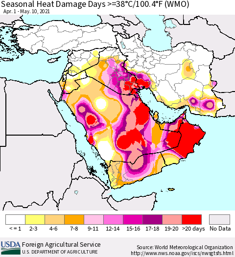Middle East and Turkey Seasonal Heat Damage Days >=38°C/100°F (WMO) Thematic Map For 4/1/2021 - 5/10/2021