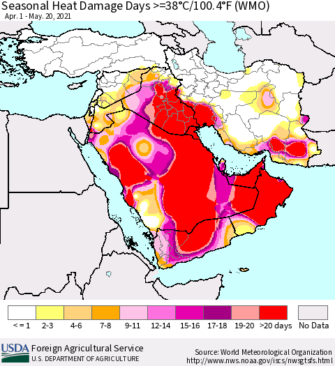 Middle East and Turkey Seasonal Heat Damage Days >=38°C/100°F (WMO) Thematic Map For 4/1/2021 - 5/20/2021