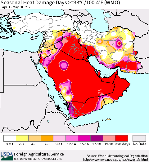 Middle East and Turkey Seasonal Heat Damage Days >=38°C/100°F (WMO) Thematic Map For 4/1/2021 - 5/31/2021