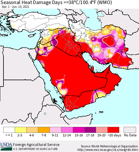 Middle East and Turkey Seasonal Heat Damage Days >=38°C/100°F (WMO) Thematic Map For 4/1/2021 - 6/10/2021