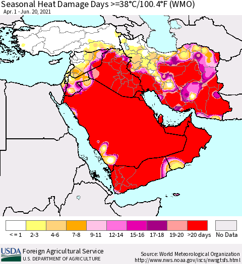 Middle East and Turkey Seasonal Heat Damage Days >=38°C/100°F (WMO) Thematic Map For 4/1/2021 - 6/20/2021