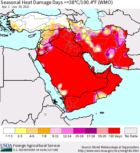 Middle East and Turkey Seasonal Heat Damage Days >=38°C/100°F (WMO) Thematic Map For 4/1/2021 - 6/30/2021