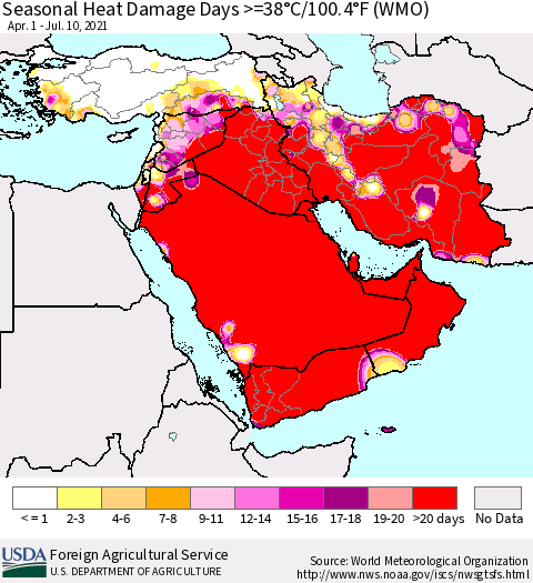 Middle East and Turkey Seasonal Heat Damage Days >=38°C/100°F (WMO) Thematic Map For 4/1/2021 - 7/10/2021