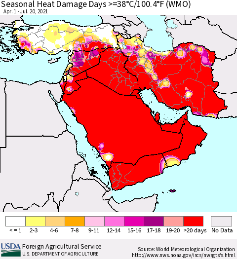 Middle East and Turkey Seasonal Heat Damage Days >=38°C/100°F (WMO) Thematic Map For 4/1/2021 - 7/20/2021