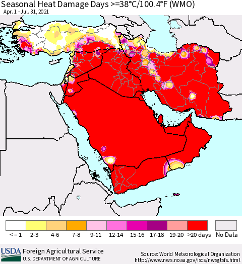 Middle East and Turkey Seasonal Heat Damage Days >=38°C/100°F (WMO) Thematic Map For 4/1/2021 - 7/31/2021