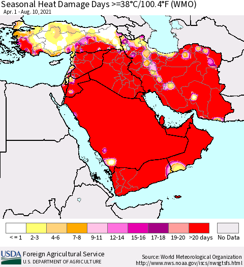 Middle East and Turkey Seasonal Heat Damage Days >=38°C/100°F (WMO) Thematic Map For 4/1/2021 - 8/10/2021