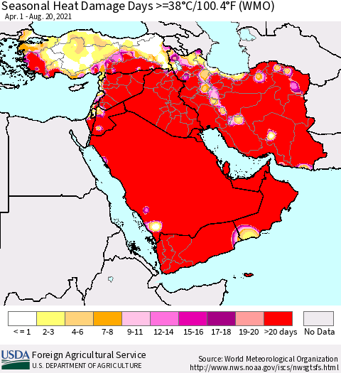 Middle East and Turkey Seasonal Heat Damage Days >=38°C/100°F (WMO) Thematic Map For 4/1/2021 - 8/20/2021