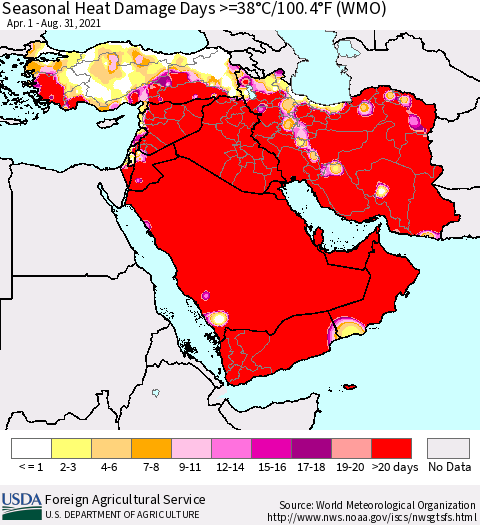 Middle East and Turkey Seasonal Heat Damage Days >=38°C/100°F (WMO) Thematic Map For 4/1/2021 - 8/31/2021