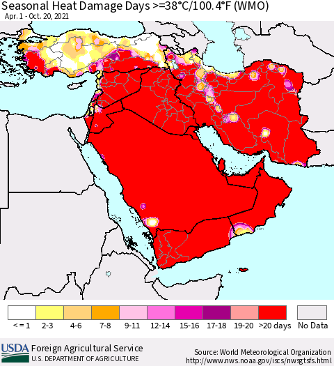 Middle East and Turkey Seasonal Heat Damage Days >=38°C/100°F (WMO) Thematic Map For 4/1/2021 - 10/20/2021