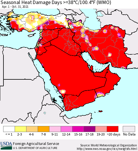 Middle East and Turkey Seasonal Heat Damage Days >=38°C/100°F (WMO) Thematic Map For 4/1/2021 - 10/31/2021