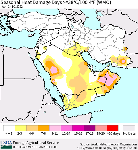 Middle East and Turkey Seasonal Heat Damage Days >=38°C/100°F (WMO) Thematic Map For 4/1/2022 - 4/10/2022