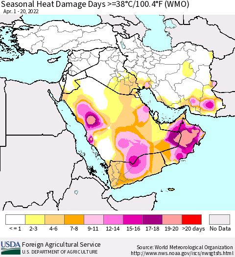 Middle East and Turkey Seasonal Heat Damage Days >=38°C/100°F (WMO) Thematic Map For 4/1/2022 - 4/20/2022