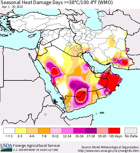Middle East and Turkey Seasonal Heat Damage Days >=38°C/100°F (WMO) Thematic Map For 4/1/2022 - 4/30/2022