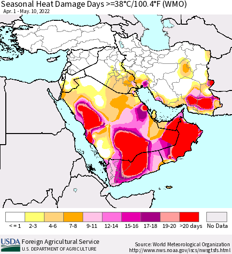 Middle East and Turkey Seasonal Heat Damage Days >=38°C/100°F (WMO) Thematic Map For 4/1/2022 - 5/10/2022