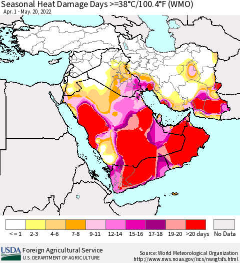 Middle East and Turkey Seasonal Heat Damage Days >=38°C/100°F (WMO) Thematic Map For 4/1/2022 - 5/20/2022