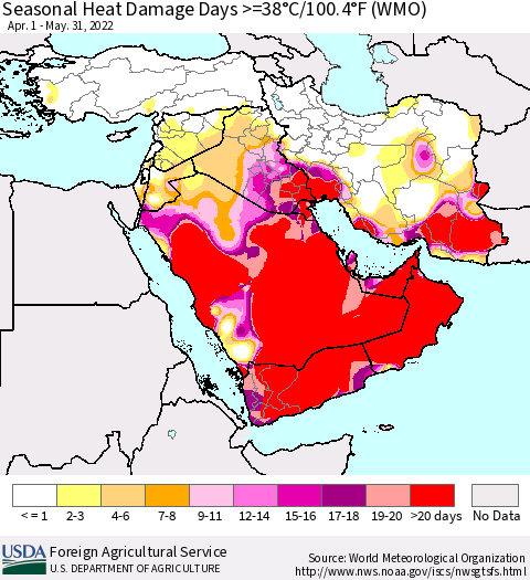 Middle East and Turkey Seasonal Heat Damage Days >=38°C/100°F (WMO) Thematic Map For 4/1/2022 - 5/31/2022