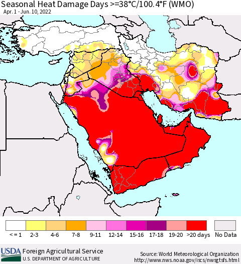 Middle East and Turkey Seasonal Heat Damage Days >=38°C/100°F (WMO) Thematic Map For 4/1/2022 - 6/10/2022