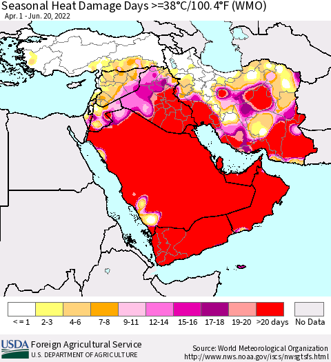 Middle East and Turkey Seasonal Heat Damage Days >=38°C/100°F (WMO) Thematic Map For 4/1/2022 - 6/20/2022