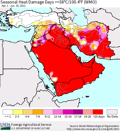 Middle East and Turkey Seasonal Heat Damage Days >=38°C/100°F (WMO) Thematic Map For 4/1/2022 - 6/30/2022