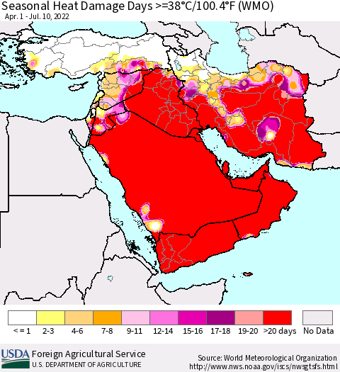 Middle East and Turkey Seasonal Heat Damage Days >=38°C/100°F (WMO) Thematic Map For 4/1/2022 - 7/10/2022