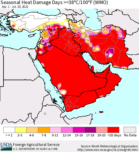 Middle East and Turkey Seasonal Heat Damage Days >=38°C/100°F (WMO) Thematic Map For 4/1/2022 - 7/20/2022