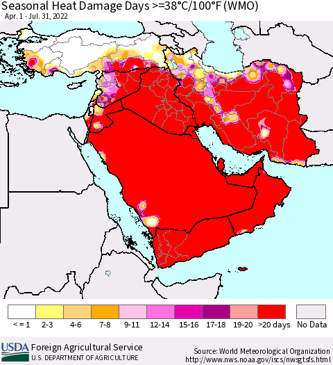 Middle East and Turkey Seasonal Heat Damage Days >=38°C/100°F (WMO) Thematic Map For 4/1/2022 - 7/31/2022