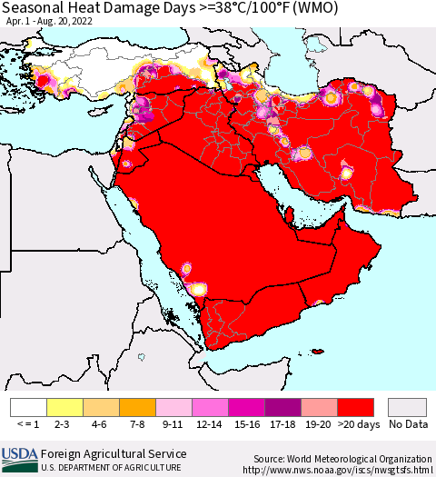 Middle East and Turkey Seasonal Heat Damage Days >=38°C/100°F (WMO) Thematic Map For 4/1/2022 - 8/20/2022