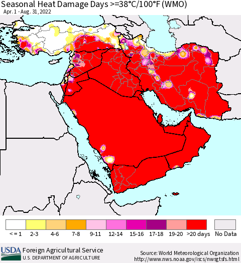 Middle East and Turkey Seasonal Heat Damage Days >=38°C/100°F (WMO) Thematic Map For 4/1/2022 - 8/31/2022
