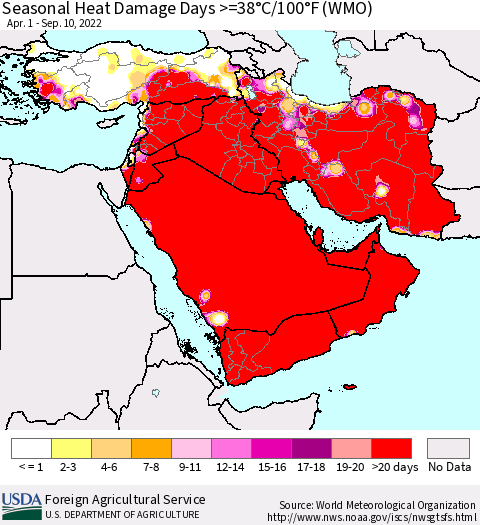 Middle East and Turkey Seasonal Heat Damage Days >=38°C/100°F (WMO) Thematic Map For 4/1/2022 - 9/10/2022