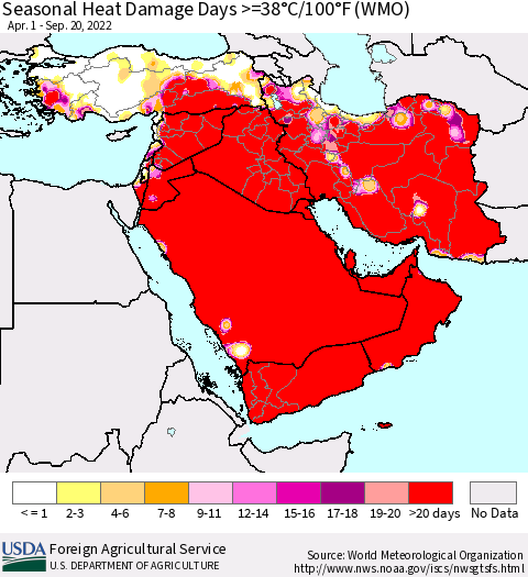 Middle East and Turkey Seasonal Heat Damage Days >=38°C/100°F (WMO) Thematic Map For 4/1/2022 - 9/20/2022