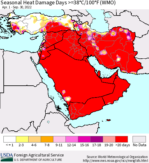 Middle East and Turkey Seasonal Heat Damage Days >=38°C/100°F (WMO) Thematic Map For 4/1/2022 - 9/30/2022