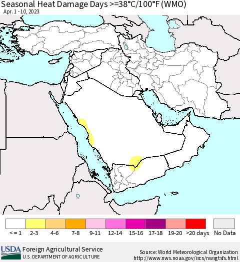 Middle East and Turkey Seasonal Heat Damage Days >=38°C/100°F (WMO) Thematic Map For 4/1/2023 - 4/10/2023