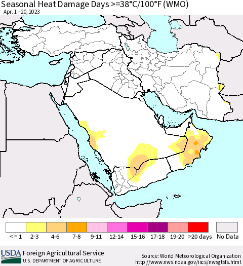 Middle East and Turkey Seasonal Heat Damage Days >=38°C/100°F (WMO) Thematic Map For 4/1/2023 - 4/20/2023