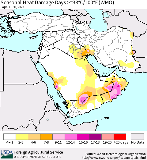 Middle East and Turkey Seasonal Heat Damage Days >=38°C/100°F (WMO) Thematic Map For 4/1/2023 - 4/30/2023