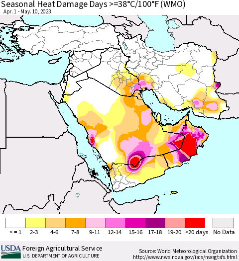 Middle East and Turkey Seasonal Heat Damage Days >=38°C/100°F (WMO) Thematic Map For 4/1/2023 - 5/10/2023