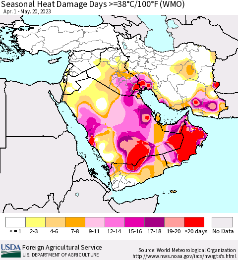 Middle East and Turkey Seasonal Heat Damage Days >=38°C/100°F (WMO) Thematic Map For 4/1/2023 - 5/20/2023