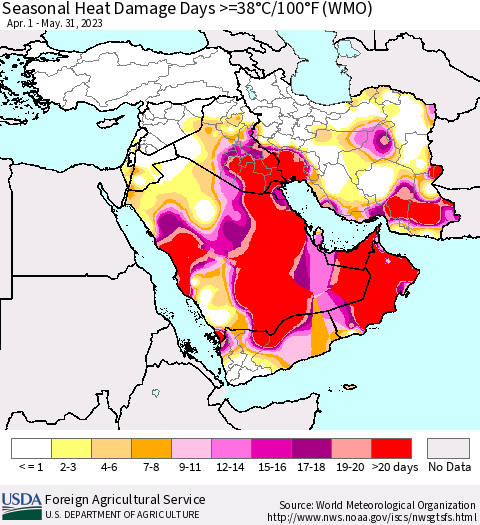 Middle East and Turkey Seasonal Heat Damage Days >=38°C/100°F (WMO) Thematic Map For 4/1/2023 - 5/31/2023