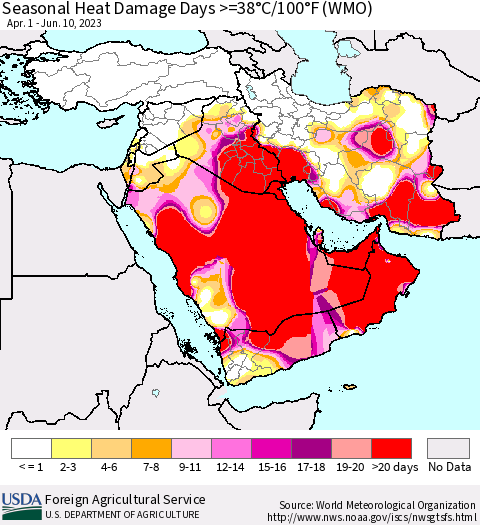 Middle East and Turkey Seasonal Heat Damage Days >=38°C/100°F (WMO) Thematic Map For 4/1/2023 - 6/10/2023