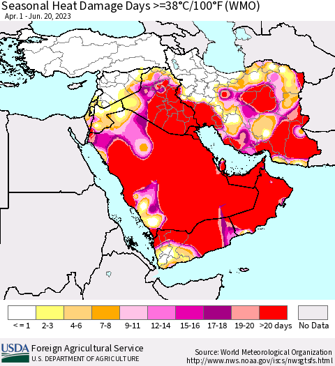 Middle East and Turkey Seasonal Heat Damage Days >=38°C/100°F (WMO) Thematic Map For 4/1/2023 - 6/20/2023