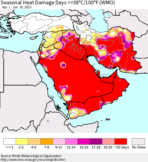 Middle East and Turkey Seasonal Heat Damage Days >=38°C/100°F (WMO) Thematic Map For 4/1/2023 - 6/30/2023