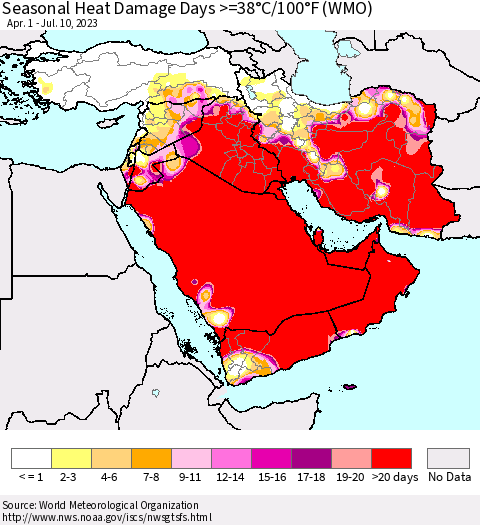 Middle East and Turkey Seasonal Heat Damage Days >=38°C/100°F (WMO) Thematic Map For 4/1/2023 - 7/10/2023