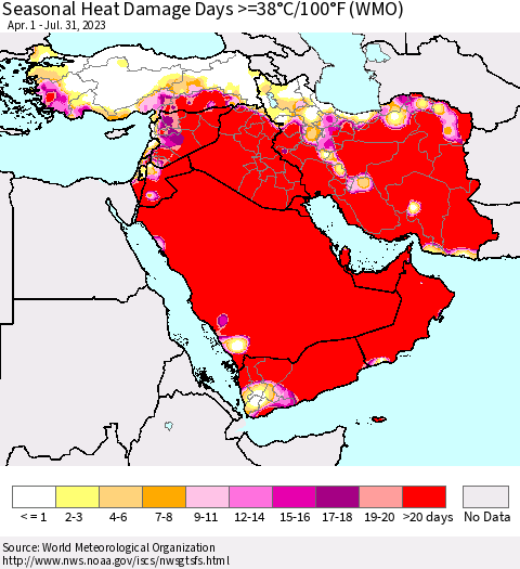 Middle East and Turkey Seasonal Heat Damage Days >=38°C/100°F (WMO) Thematic Map For 4/1/2023 - 7/31/2023