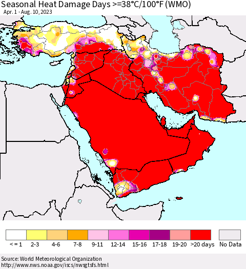 Middle East and Turkey Seasonal Heat Damage Days >=38°C/100°F (WMO) Thematic Map For 4/1/2023 - 8/10/2023